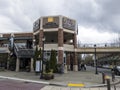 Redmond, WA USA - circa March 2021: Street view of the entrance to Redmond Towncenter, filled with retail shopping, restaurants,