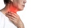 Redness at neck of Asian man. Concept of sore throat, pharyngitis, laryngitis, thyroiditis, choking or dysphagia