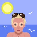 Redness on woman facial and neck skin.Vector Illustration about danger of Ultraviolet. on sea background