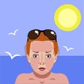 Redness on woman facial Vector Illustration about danger of Ultraviolet. on sea background