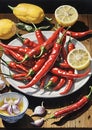 reds Birds Eye chillies lemons garlic olive oil cooking ingredients on kitchen table