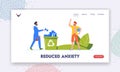 Reduce Anxiety Landing Page Template. Business Man Throw Mobile Phone into Litter Bin Putting Aside Technology