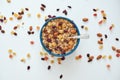 Reduce callories. Top view of muesli bowl with dry fruits. Royalty Free Stock Photo