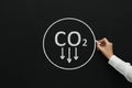 Reduce carbon emissions. Woman drawing circle with chemical formula CO2 on blackboard, closeup Royalty Free Stock Photo