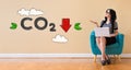 Reduce CO2 concept with woman using a laptop Royalty Free Stock Photo