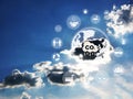 Reduce CO2 emission concept with blue sky in the background. Many icons on helping reduce the carbon dioxide in the air. Royalty Free Stock Photo