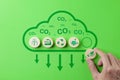 Reduce CO2 emissions concept. Carbon reduction icon on a green background. Carbon neutral, Net Zero, Climate change, Sustainable