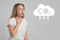 Reduce CO2 emissions. Young woman suffering from pain during breathing on light grey background Royalty Free Stock Photo