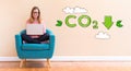 Reduce CO2 with young woman using her laptop Royalty Free Stock Photo