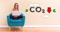 Reduce CO2 with young woman using her laptop Royalty Free Stock Photo