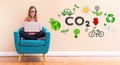 Reduce CO2 with young woman using her laptop Royalty Free Stock Photo