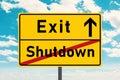 Reduce the economy and social contacts. Representation as traffic sign with the inscription `Shutdown` and `Exit`.