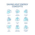 Reduce heat energy using turquoise concept icons set