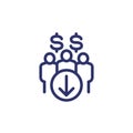 reduce labor costs line icon with workers, vector