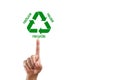 Reduce reuse recycle concept. Hand point finger recycle icon. Reduce, means to minimise amount of waste. Reuse, refers to using