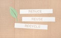 Reduce Reuse Recycle concept. Leaf and Paper strips with cut out text on a cardboard Royalty Free Stock Photo