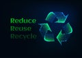 Reduce reuse recycle ecology banner with green glow low poly recycle symbol and text on dark blue