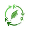 Reduce Reuse Recycle green vector logo on a white background. Three Rs and leaf in flat icon design. Royalty Free Stock Photo