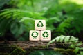 Reduce, reuse and recycle symbols on wood blocks as environmental conservation concept, Ecology, zero waste, sustainability, Royalty Free Stock Photo