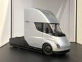 reduced copy, toy, silver Tesla Semi truck model, electric vehicle in showcase, alternative energy development concept, Elon Musk Royalty Free Stock Photo