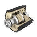 The reducer of the planetary gear in the cut. Educational aid about the device of mechanization. Plastic gears. 3D