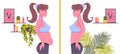 Reducing fat in the abdominal area. Woman`s body before and after weight loss, diet, fitness or liposuction