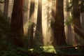 Redwood forest trees sun. Generate Ai