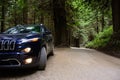 Redwood National Park, California, USA - June 10, 2015: Jeep Cherokee on a country road in the forest Redwood Royalty Free Stock Photo