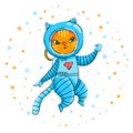 Redy kitten astronaut among stars.