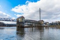 Redzinski weir over Odra river in front of Redzinski highway bridge at sunny cloudy day Royalty Free Stock Photo