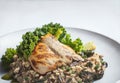 ree Range Chicken with Wild Mushroom Risotto, Carnaroli Rice, Parmigiano Reggiano and Grilled Kale. Generative AI