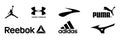 Reebok, Jordan, Adidas, Brooks, Puma, Under Armour, Mizuno - logos of sports equipment and sportswear company. Kyiv, Ukraine -