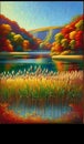Reed beds along the lakeside, with autumn foliage adding warmth to the scene. Painting