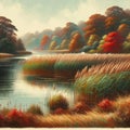 Reed beds along the lakeside, with autumn foliage adding warmth to the scene. Painting
