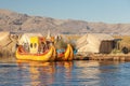 Reed boat on Island of Uros lake Titicaca Peru and Bolivia. Royalty Free Stock Photo