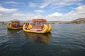 Reed Boat with native People at Uros Floating Islands in Lake Titicaca. Peru