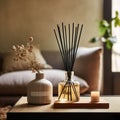 Reed diffuser bottle mockup, aroma diffuser in luxurious beige and brown home interior decor, front view