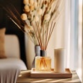 Reed diffuser bottle mockup, aroma diffuser in luxurious beige and brown home interior decor, front view
