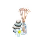 Reed diffuser, frangipani flower and pebble tower watercolor drawing on white background. Royalty Free Stock Photo