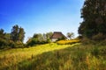 Reed roof house in a meadow with trees on the island Hiddensee. Germany, Mecklenburg-Vorpommern Royalty Free Stock Photo