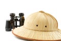 Reed safari hat and binoculars Royalty Free Stock Photo