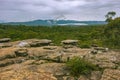 View during storm from sandstone cliff of Reeds Lookout in Grampians National Park, Victoria, Australia.