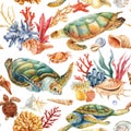 Reef, Cute seamless pattern turtles, crab, coral. Marine background. Watercolor illustration design wrapping, textile Royalty Free Stock Photo