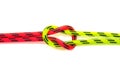 Reef, Hercules, square, double or brother hood Binding knot binding two colored red and green ropes. nautical loop used Royalty Free Stock Photo