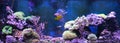 Reef tank, marine aquarium. Tank filled with water for keeping live underwater animals.Gorgonaria, Sea Fan. Clavularia. Zoanthus.