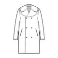 Reefer overcoat technical fashion illustration with double breasted, knee length, tailored button-up collar, epaulettes