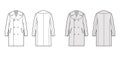 Reefer overcoat technical fashion illustration with double breasted, knee length, tailored button-up collar, epaulettes