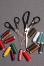 Reels of threads of different colors on a gray woven background. Two pairs of scissors of different sizes.