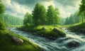 reen forest, the sun behind the clouds, a flowing river, Generative AI, Generative, AI