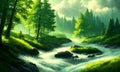reen forest, the sun behind the clouds, a flowing river, Generative AI, Generative, AI